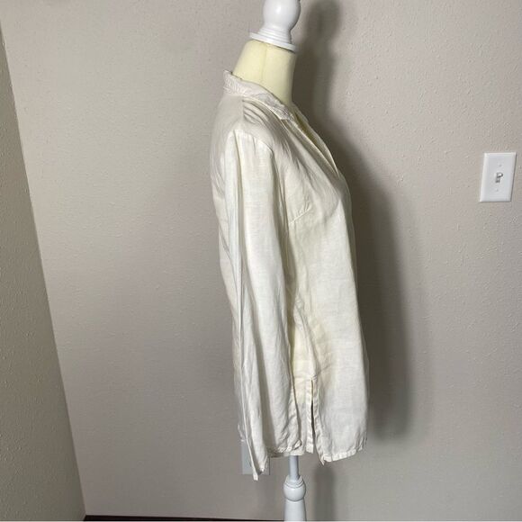 Promod White Linen Embroidered Long Bell Sleeve Top Tunic Women's Size Medium - Picture 6 of 16